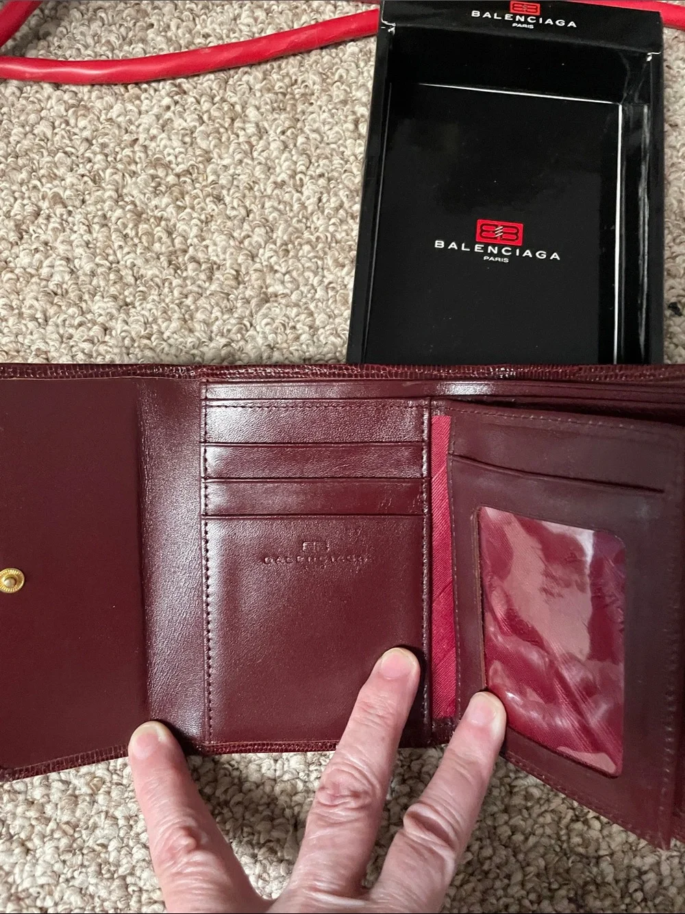 Balenciaga Burgundy Textured Leather Wallet with Gold BB Emblem